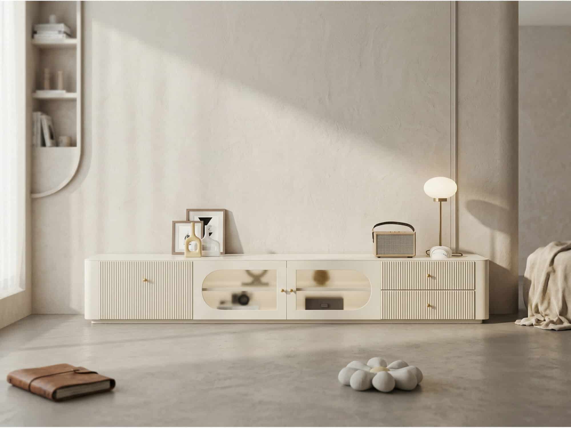 White Wood Shelves Cabinet Drawers Rectangle TV Stand - scene - 相册图 #5 White Wood Shelves Cabinet Drawers Rectangle TV Stand 相册图 #5 scene