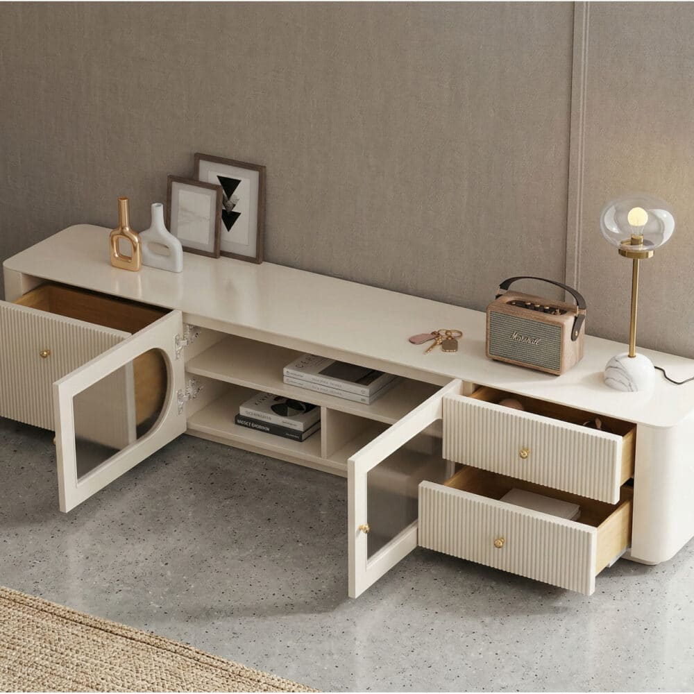 White Wood Shelves Cabinet Drawers Rectangle TV Stand - scene - 相册图 #6 White Wood Shelves Cabinet Drawers Rectangle TV Stand 相册图 #6 scene