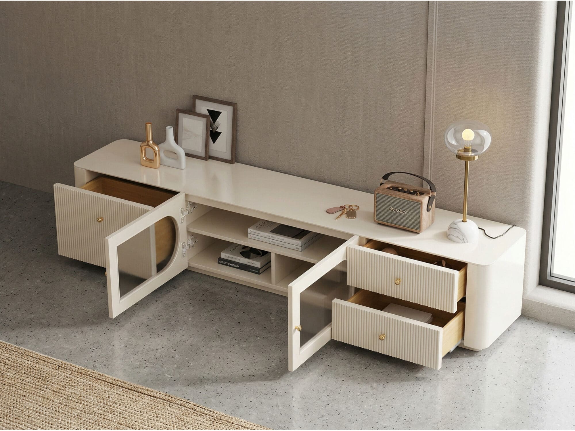 White Wood Shelves Cabinet Drawers Rectangle TV Stand - scene - 相册图 #6 White Wood Shelves Cabinet Drawers Rectangle TV Stand 相册图 #6 scene